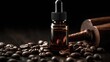 Skincare caffeine eye serum. Product bottle and coffee beans on a dark background. Natural, organic, and vegan product. Firming, hydrating, and anti aging properties. Generative AI