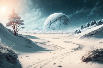 Wall Mural - winter path leading to a lone tree in a snowy landscape. Generative AI