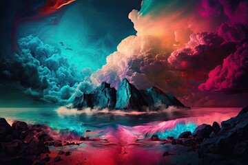 Wall Mural - majestic mountain rising from the center of a serene body of water. generative ai