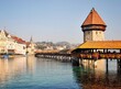 View of the medieval city of Lucerne with the Chapel Bridge (Kapellbrucke) and the Water Tower. Switzerland.