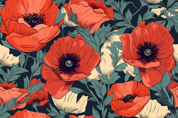 Vibrant Poppy Flowers Seamless Pattern on a Bright Background, Ideal for Wallpaper, Textiles, and Graphic Design Projects - Generative AI