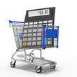 3d Taschenrechner mit Einkaufswagen, Warenkorb, transparent, isoliert