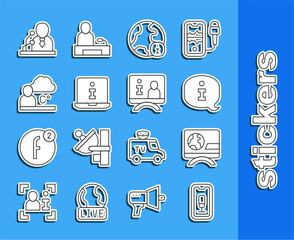 Sticker - Set line Mobile recording, Breaking news, Information, World, Weather forecast, and Television report icon. Vector