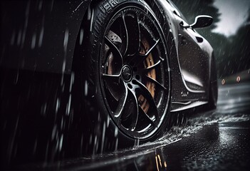 the detail of the rear wheel of a car driving in the rain on a wet road. aquaplaning in road traffic