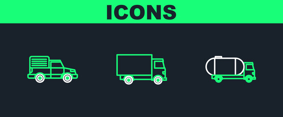 Sticker - Set line Tanker truck, Delivery cargo vehicle and icon. Vector