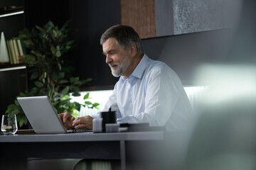 Wall Mural - Businessman using laptop computer in office. Happy mature aged man, entrepreneur, small business owner working online.