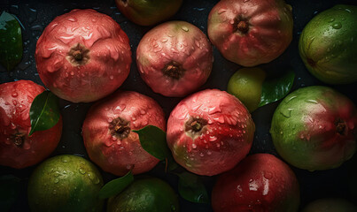 Guavas with water drops on a dark background, Generative AI