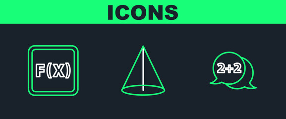 Set line Equation solution, Function mathematical symbol and Geometric figure Cone icon. Vector