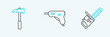 Set line Chainsaw, Claw hammer and Electric hot glue gun icon. Vector