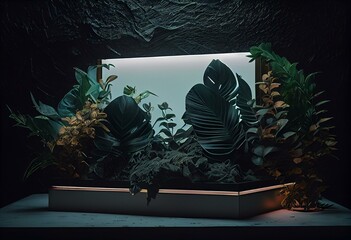 Illuminated display countertop or stage podium with green plants. Generative AI