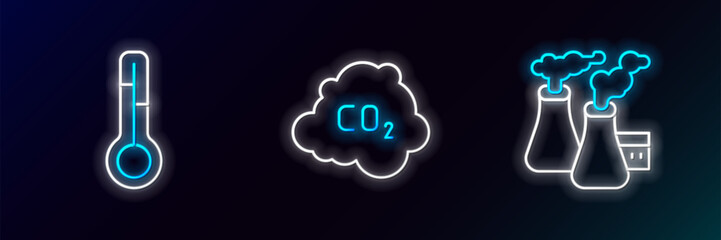 Sticker - Set line Smoke from factory, Meteorology thermometer and CO2 emissions in cloud icon. Glowing neon. Vector