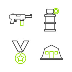 Wall Mural - Set line Military barracks, reward medal, Hand smoke grenade and Submachine gun M3 icon. Vector