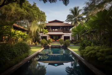 Wall Mural - Luxurious tropical pool villa with refined architecture in a lush greenery garden. generative ai