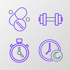 Wall Mural - Set line Time to sleep, Stopwatch, Dumbbell and Vitamin pill icon. Vector