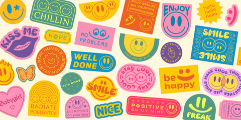Aufkleber - Cool Groovy Stickers Background. Y2k Patches Collage. Pop Art Illustration Vector Design. Funky Pattern.