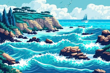 Wall Mural - ship sailing along a rugged coastal landscape. Generative AI