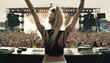 Blonde DJ Frau feuert die Leute beim Auflegen auf einem großen Festival an. Party Event mit DJ, Musik und Lightshow. Partystimmung zum Tanzen. Generativ KI   