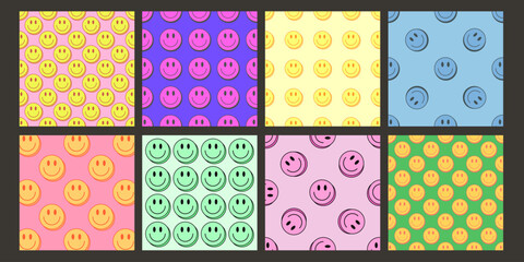 Wall Mural - Cool Smile Seamless Pattern Vector Design. Trendy Groovy Background. Y2K Funny Texture.