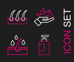 Sticker - Set line Bottle of shampoo, Oil for hair care treatment, Shaving foam on hand and Human follicle icon. Vector