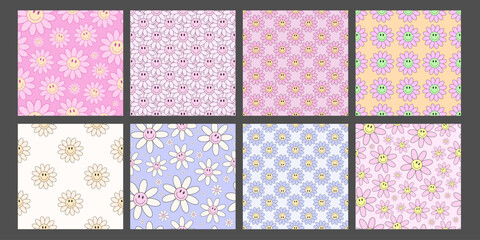 Aufkleber - Set of Cool Flower Groovy Seamless Pattern Backgrounds. Trendy Y2k Repeat Textures.