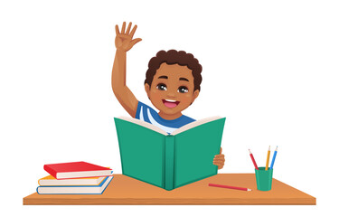 Happy African school boy reading holding open book raising hand at the desk isolated vector illustration