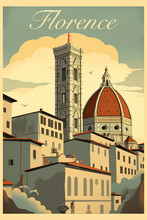 Florence Cathedral, Florence, Italy. Torism Poster Illustration In Retro Style, Generative AI