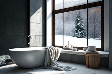 Wall Mural - minimalist bathroom with a white bathtub placed near a window. Generative AI