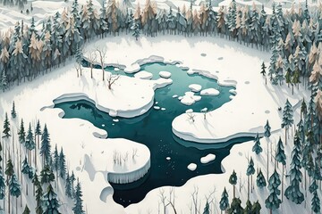 Wall Mural - winter landscape with a frozen lake and snowy trees. generative ai