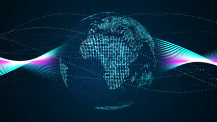 Abstract Bluish Green Shiny Square Mosaic Binary Digital Number Globe Earth World Map Side Of Africa And Europe On Twisted Dots And Lines Background