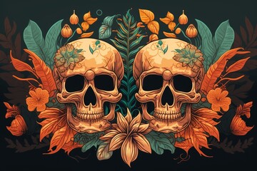 two decorative skulls with floral and leafy designs on a dark background. Generative AI