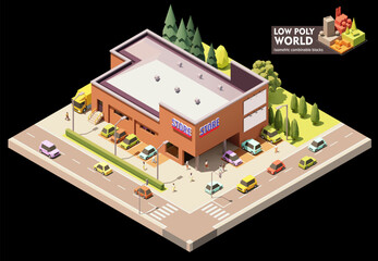 Wall Mural - Vector isometric supermarket building. Grocery store building exterior. Big shop with car parking