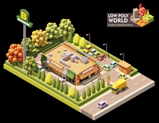 Wall Mural - Vector isometric fast food restaurant. Restaurant building with drive thru and outdoor tables