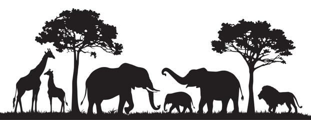 silhouette of animals in the savannah. african landscape scene. vector horizontal seamless tropical 