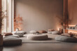 © bluebeat76 - A peaceful image of a meditation room: The image could show a quiet room with people sitting on cushions and meditating. Muted color palette to create a sense of tranquility. Generative AI