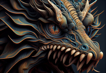 Leinwandbilder - A complex, multi-layered pattern of interlocking shapes that resembles a Dragon face. Generative AI technology.	
