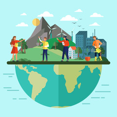 Wall Mural - ecology concept. people take care about planet. cleaning, green planting and watering. environmental