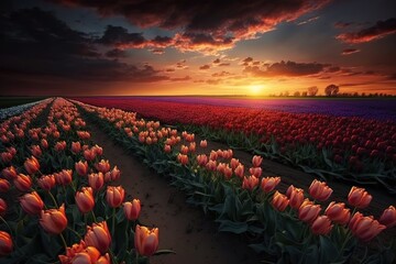 Wall Mural - The sunset over a tulip field is a beautiful sight. Generative AI