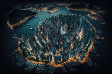 Wall Mural - n illuminated cityscape viewed from above at night. Generative AI