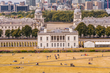 Sticker - Greenwich Park and National Maritime Museum, Gardens, University of Greenwich, Old Royal Naval College, River Thames, Canary Wharf. London Cityscape. England, United Kingdom