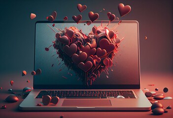 Laptop and hearts, illustration. Generative AI