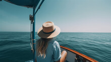Woman Travelling Photo From Behind Wearing A Beige Straw Hat, Instagram Style, Looking At The Sea, Ocean, Holiday, Generative AI