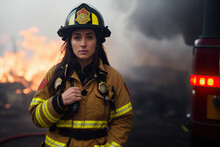 Generative AI Image Of Confident Young Female Firefighter In Uniform With Protective Helmet Standing Near Truck And Looking At Camera Against Blurred Orange Fire And Smoky Background