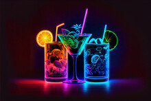 Cocktails At The Bar. Colorful Neon Cocktails, Glass Glasses Illustration.