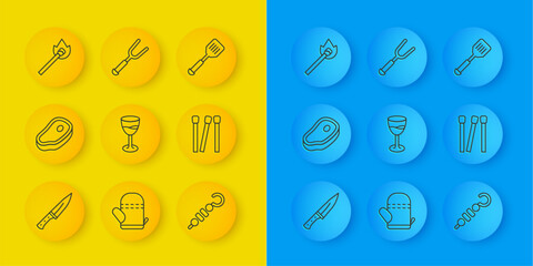 Sticker - Set line Meat chopper, Steak meat, Wine glass, Grilled shish kebab, Matches, Burning match with fire, Spatula and Barbecue fork icon. Vector