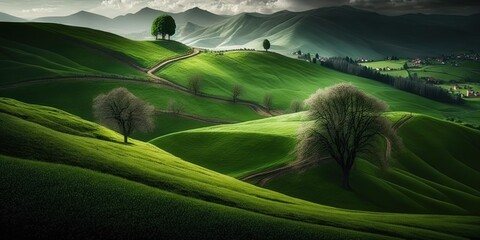 Wall Mural - Green fields on hills surrounded by green forest make for a stunning sight. Generative AI