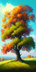 Wall Mural - High-detail beauty: a solitary oak draped in fall leaves on a bright, green grassland. Generative AI