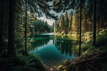 Wall Mural - Lovely picture of a lake in the woods on a bright day. Generative AI