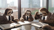 © SergeyIT - Sloths working together in the office like a business team. View of the city outside the window, sunny day. One of them have a good idea. Generative AI