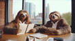 Two sloths working together in the business office. View of the city skyscraper outside the window. Generative AI