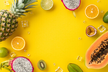 Wall Mural - A tropical explosion of flavors. Top flat lay view photo of dragon-fruit, kiwi, papaya, pineapple, orange, lime, carambola on yellow background with copy space for text